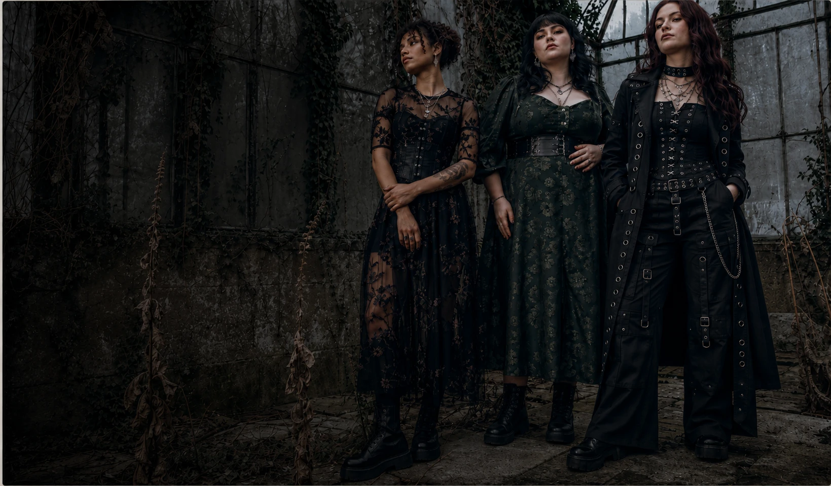 Metrodress dark romantic apparel campaign in a Victorian glasshouse