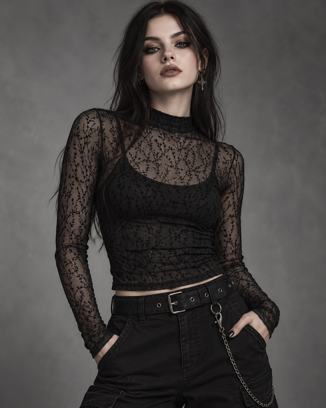 Front styling view of a black flocked mesh top with a black underlayer and trousers