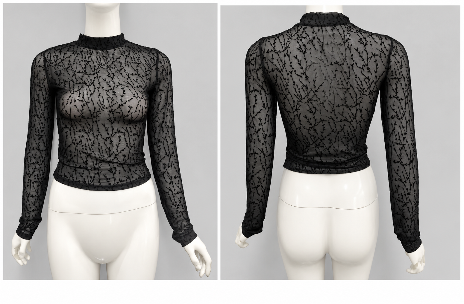 Front and back product views of a black long-sleeved flocked mesh top on a mannequin