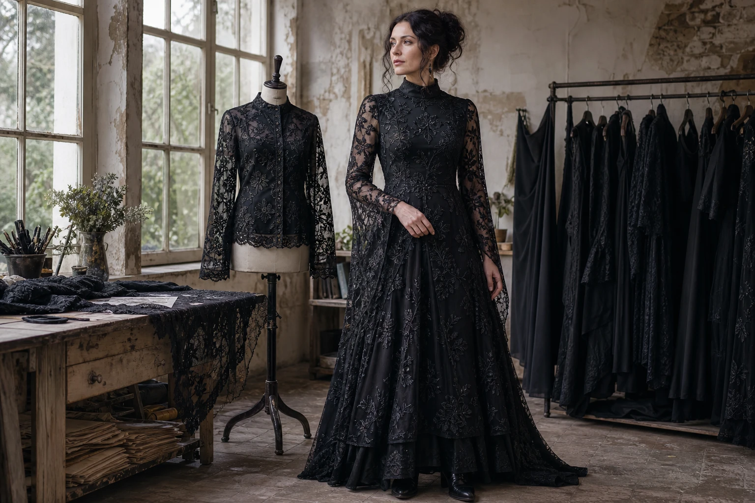 A fully lined embroidered black mesh dress and blouse in the Metrodress atelier