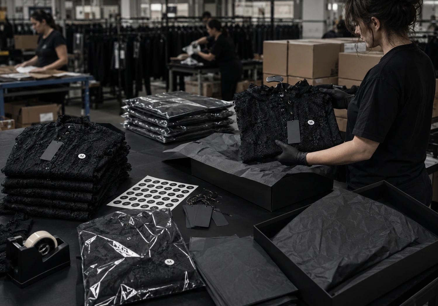 QC & Packaging at the Metrodress gothic apparel factory
